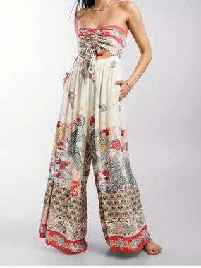 Free People Floral Wide-Leg Palazzo Pants in Cream and Coral